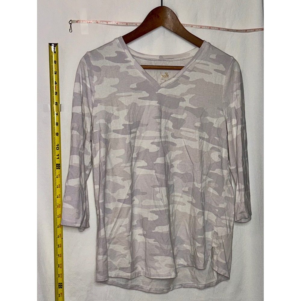 Belle Kim Gravel Gray Camo‎ 3/4 Sleeve V Neck Top Women's Size S